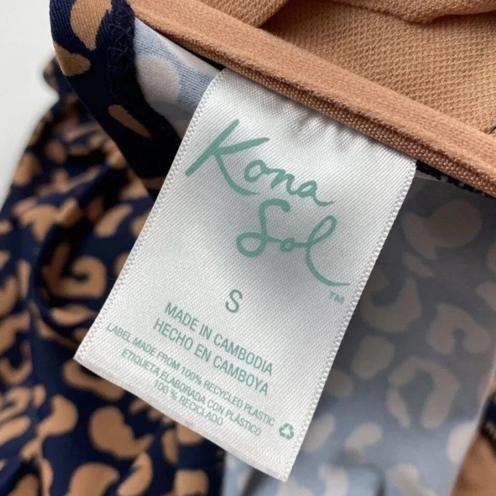 Kona Sol Navy Tan Leopard Print Tankini Swim Top V-Neck Adjustable Straps Small‎